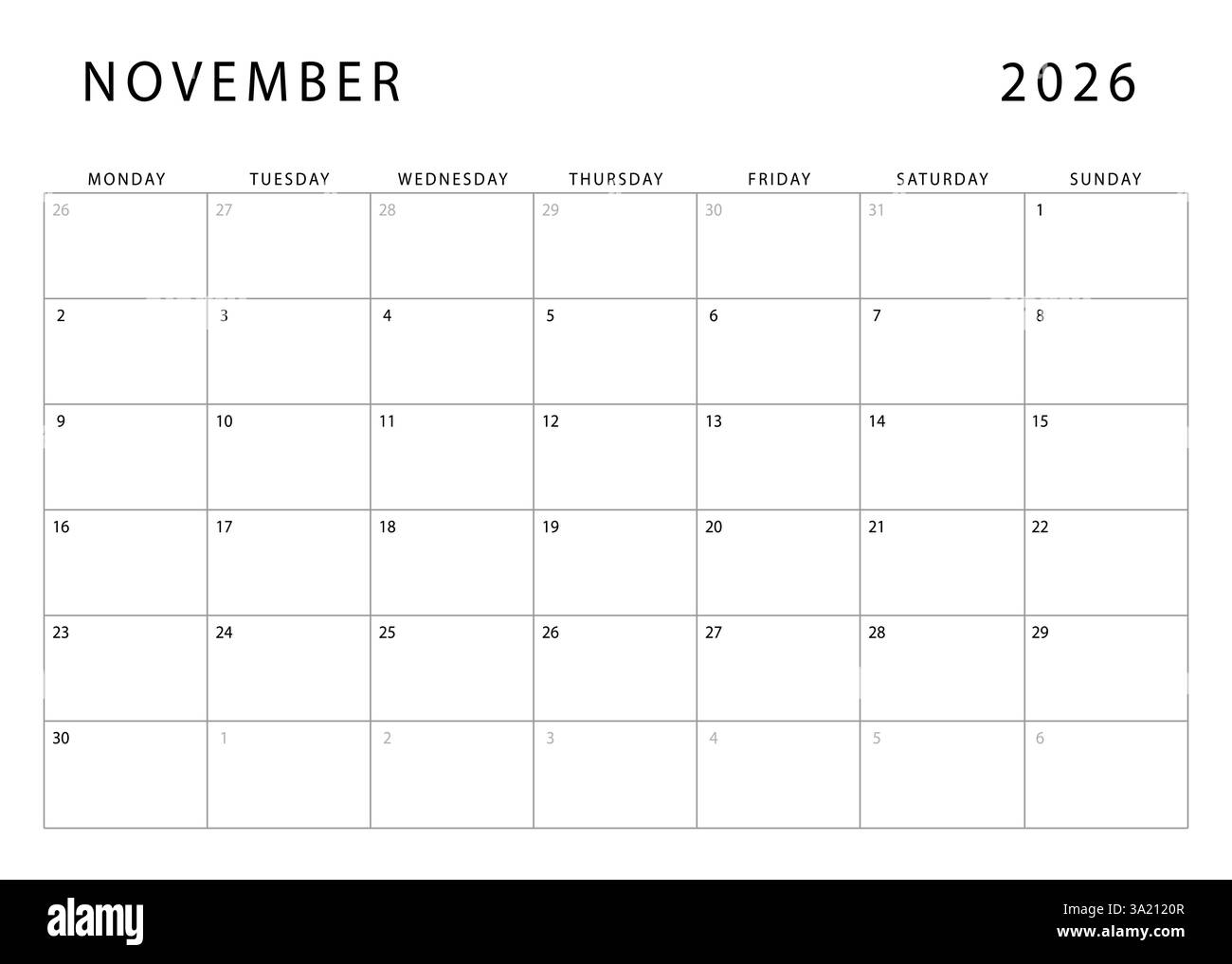 November 2026 Calendar Monthly Planner Template Monday Start 