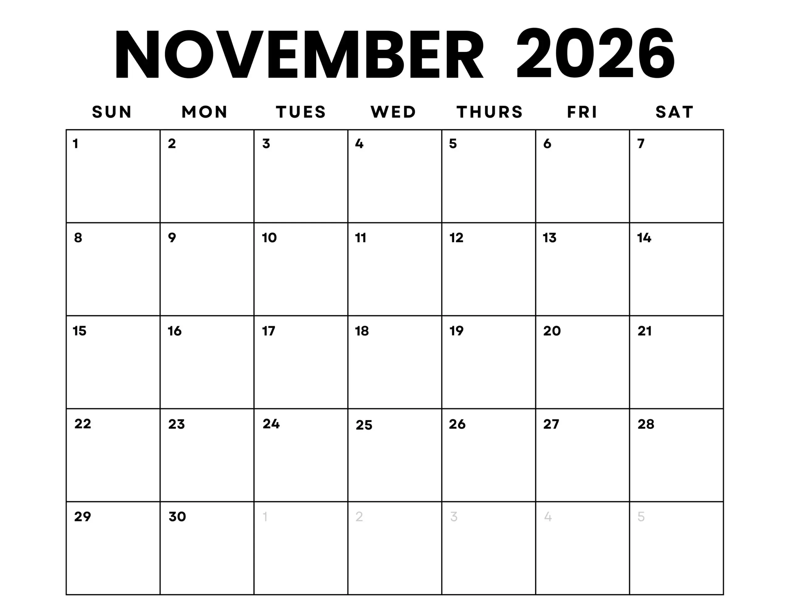 November 2026 Calendar Printable Minimalist Monthly Planner 