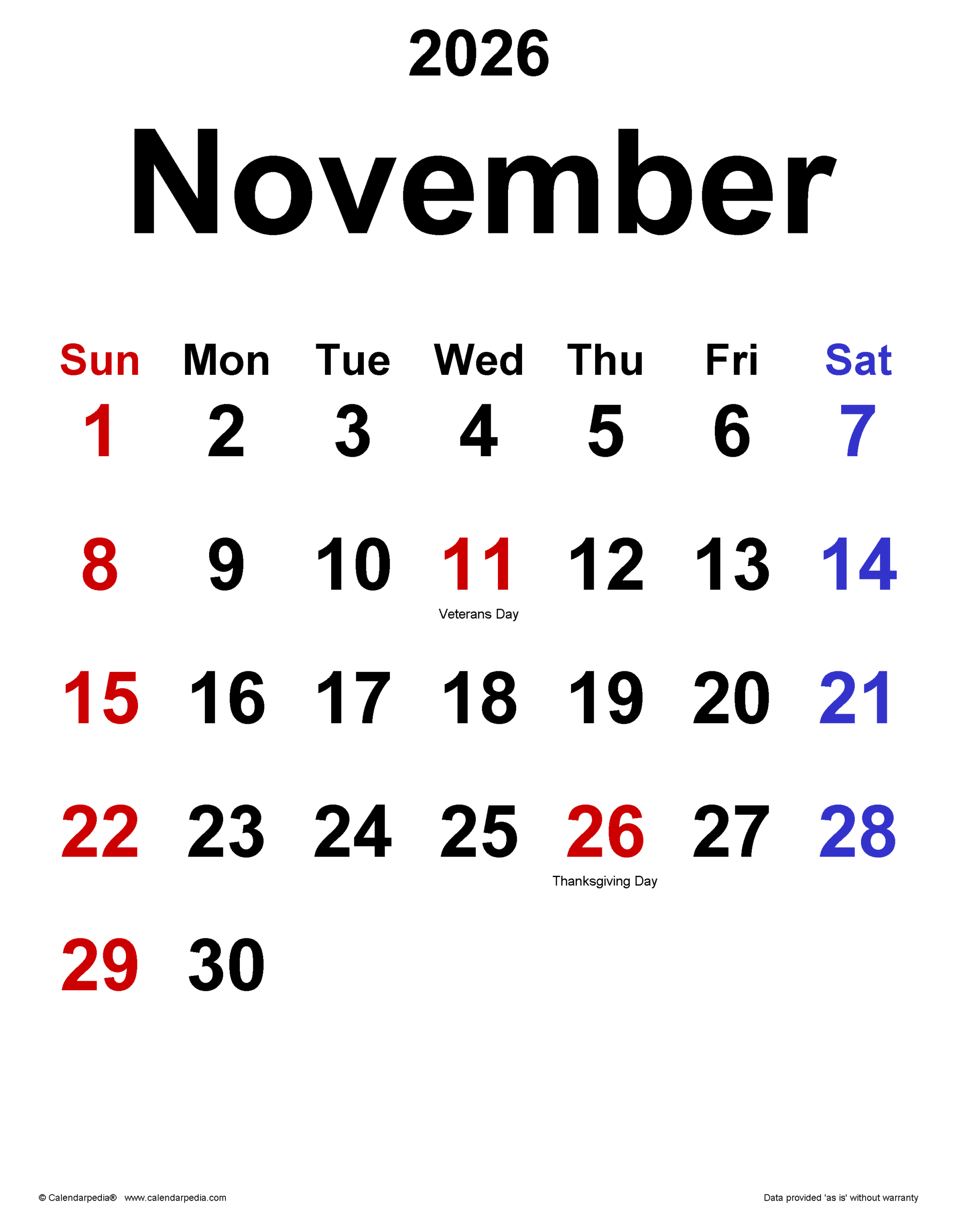 November 2026 Calendar Templates For PDF Excel And Word