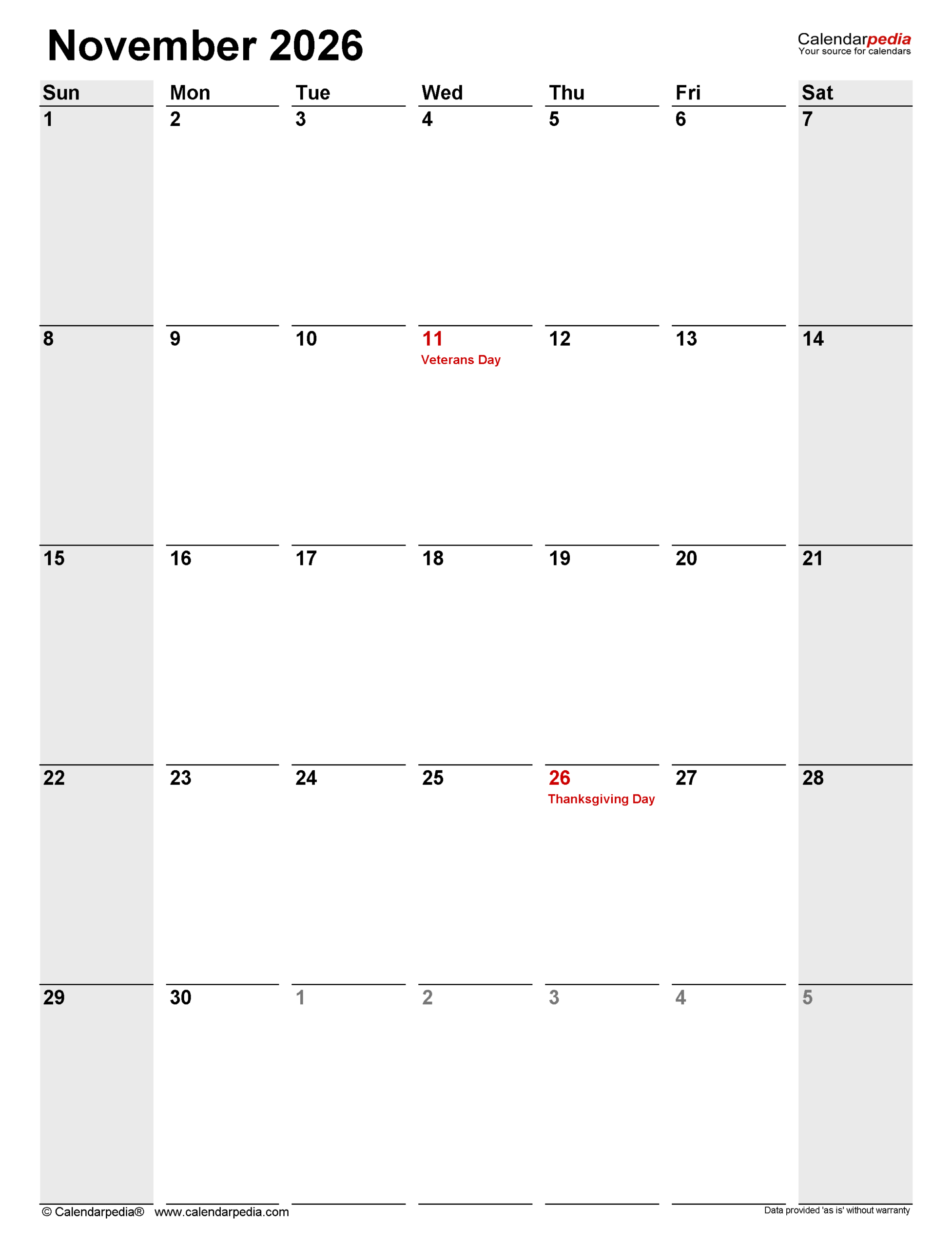 Printable Calendar 2026 Novemb