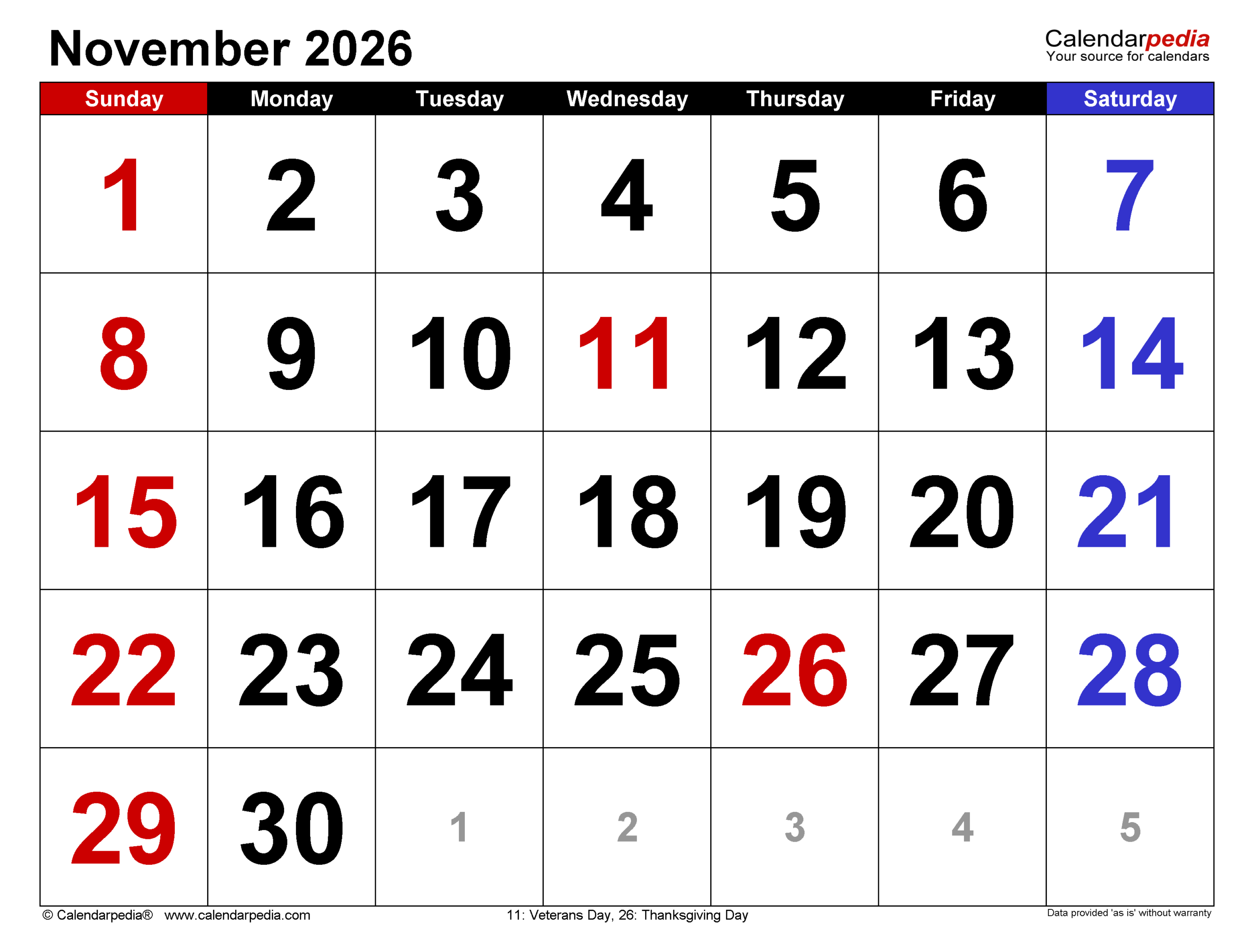Month Of November Calendar 2026 Printable