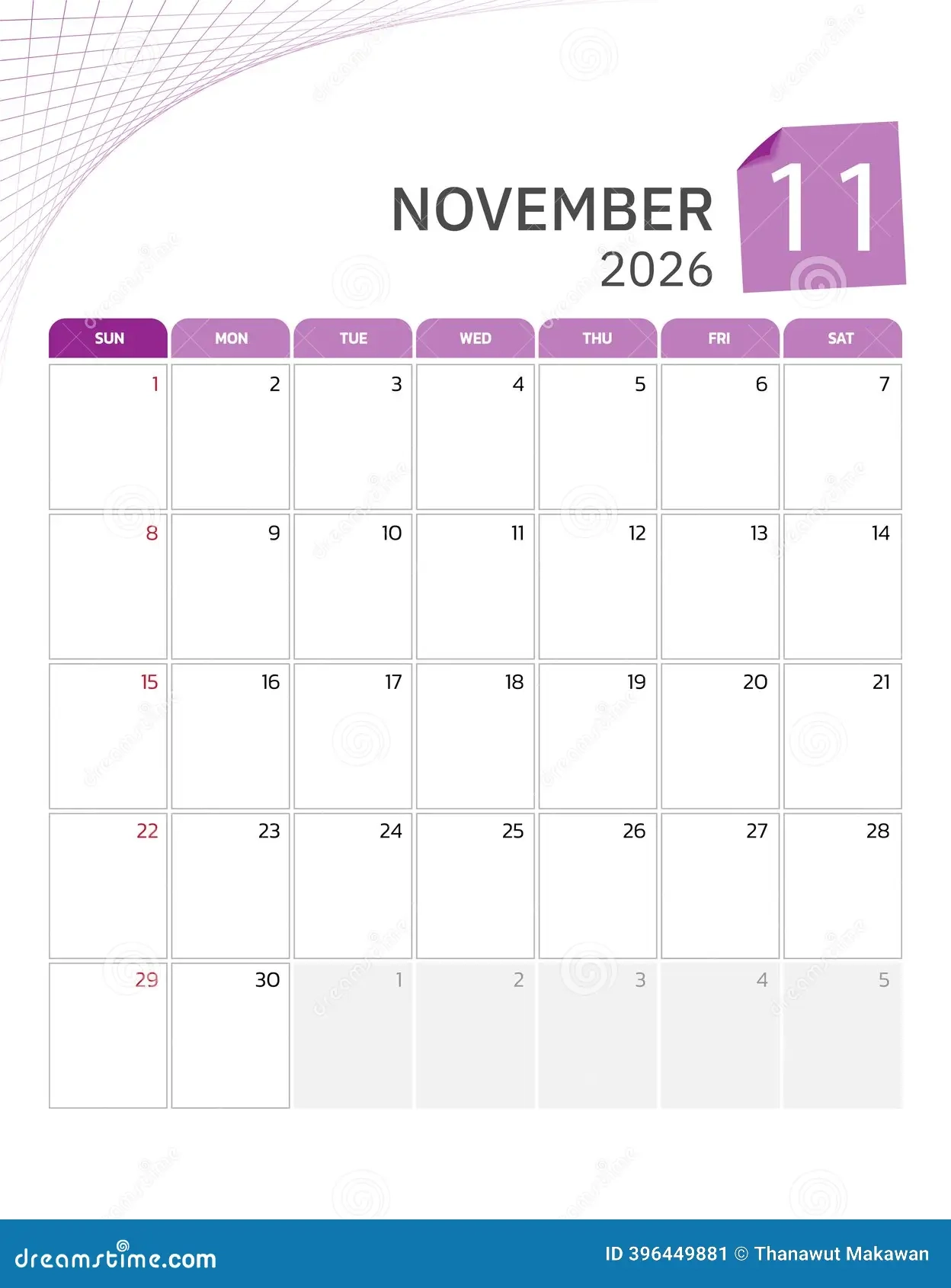 November 2026 Calendar Week Start On Sunday Stock Vector 