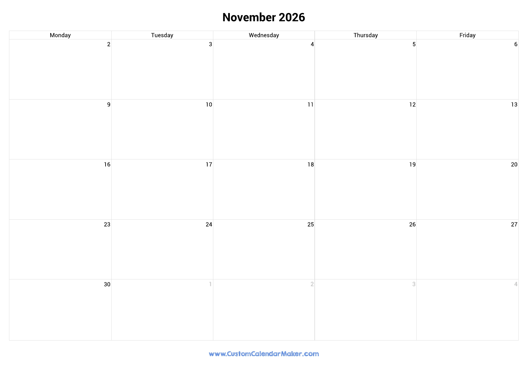 November 2026 Calendar Weekdays Only Monday To Friday Custom 