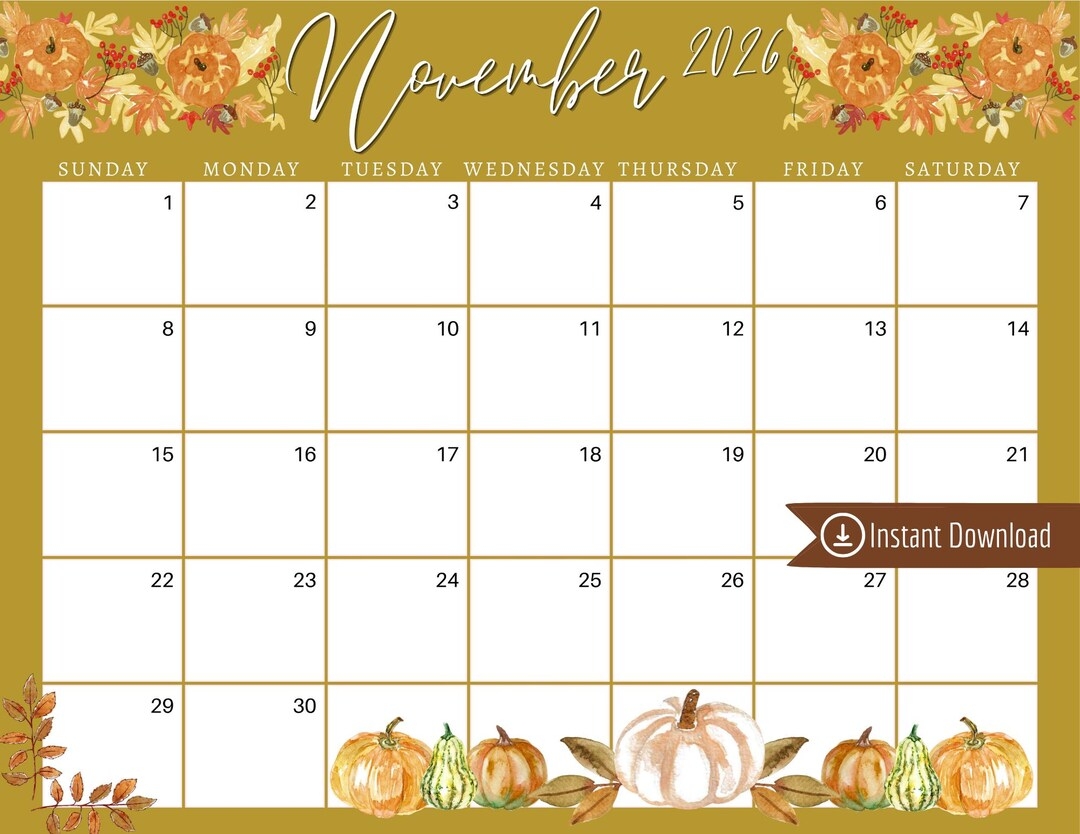 November 2026 Calendar Yellow Leaves Printable Planner PDF PNG 