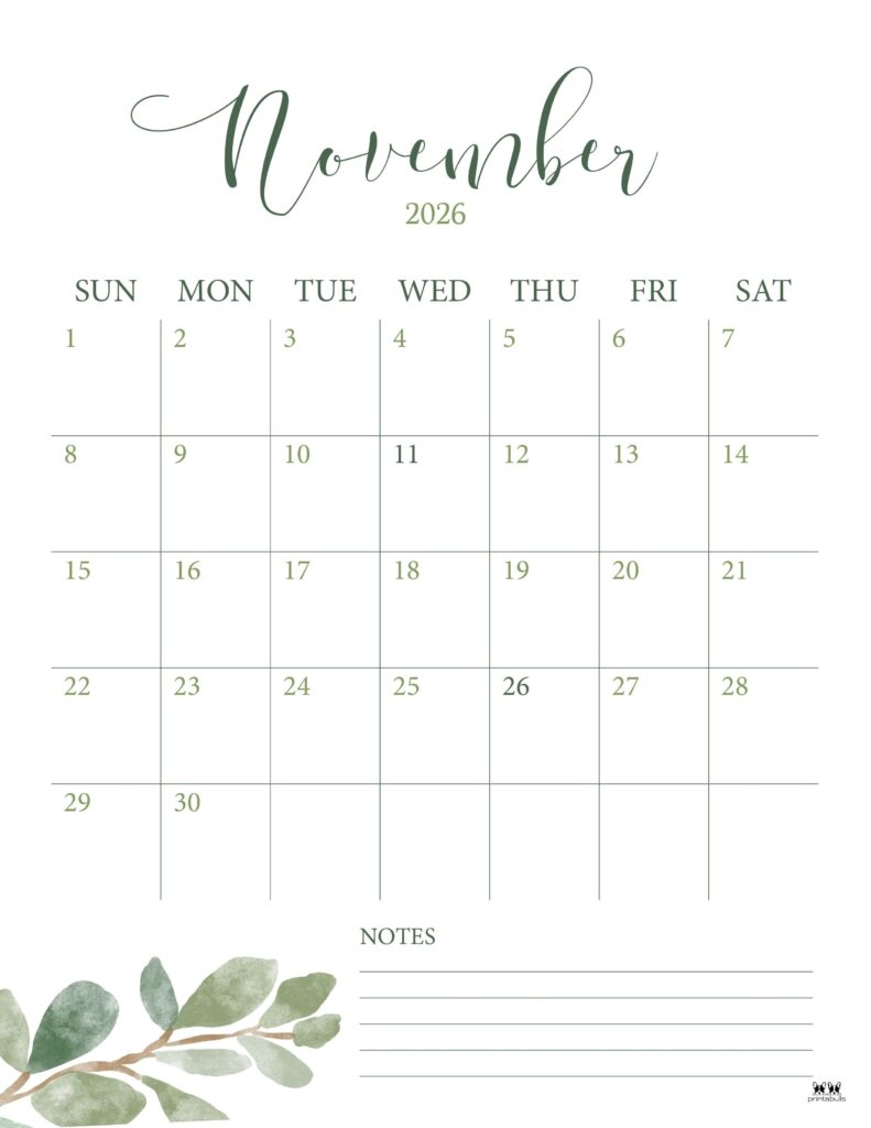November 2026 Calendars 123 FREE Printables Printabulls