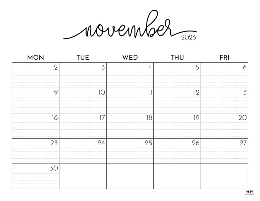 November 2026 Calendars 123 FREE Printables Printabulls