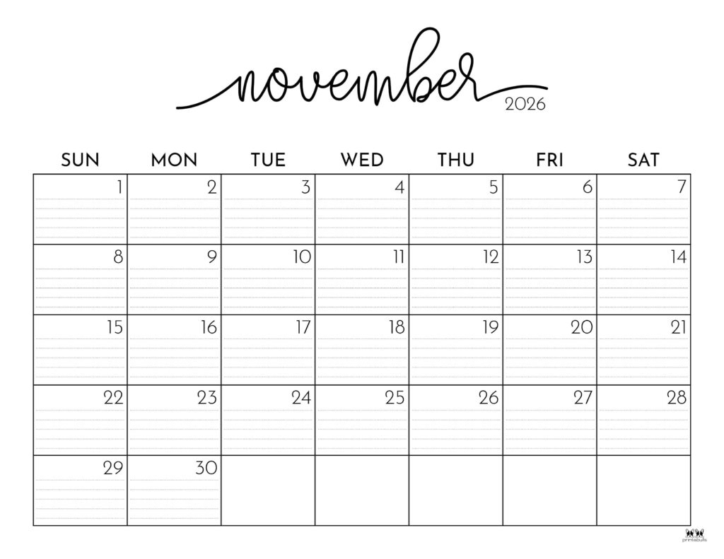 November 2026 Calendars 123 FREE Printables Printabulls