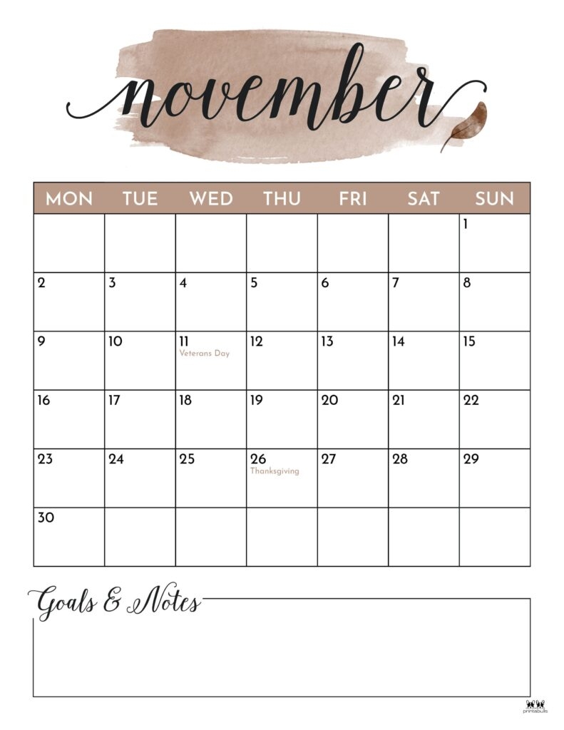 Calendar November 2026 Printable Portrait
