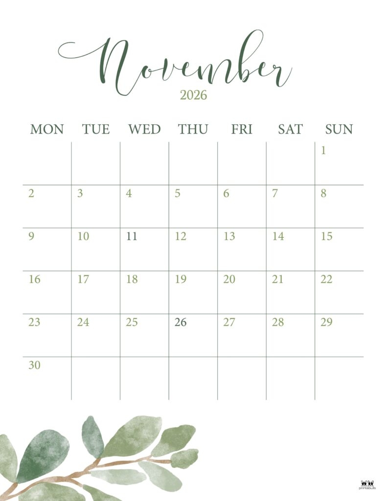 Free Printable Turkey November 2026 Calendar