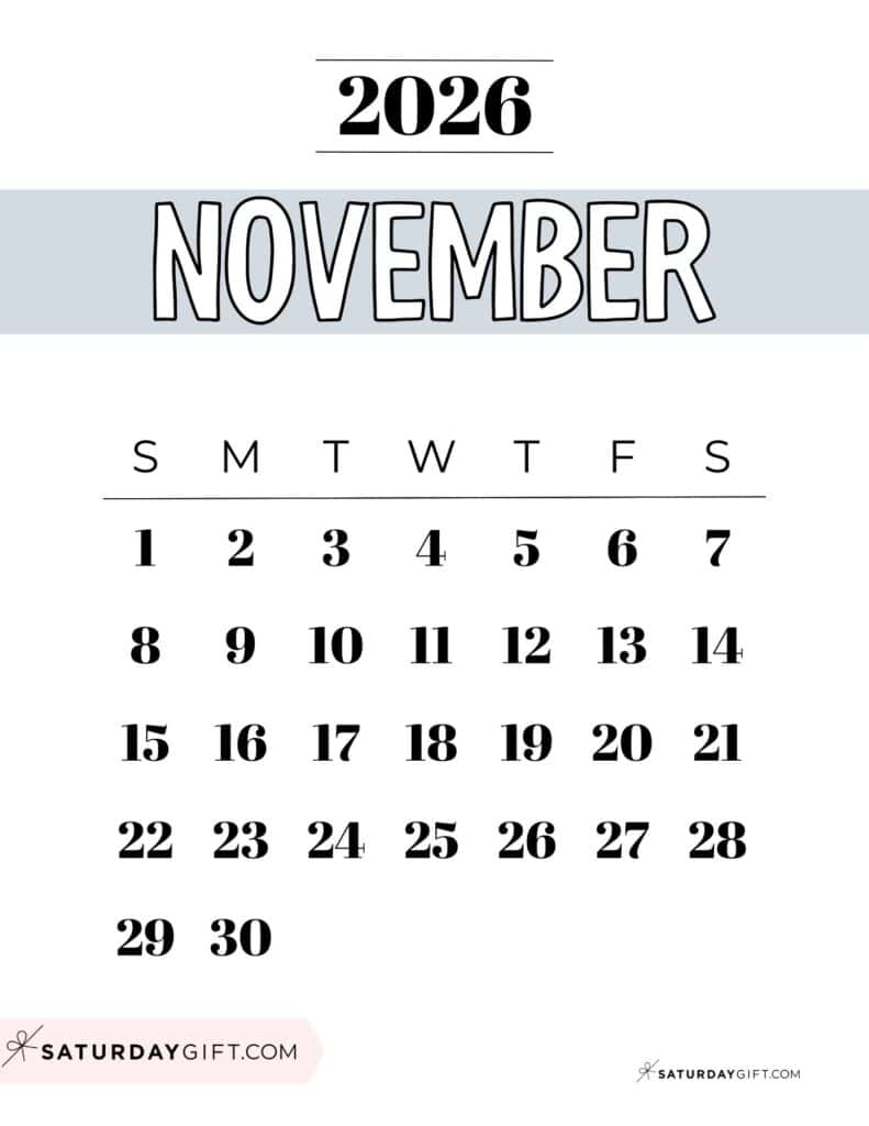 Portrait Printable November 2026 Calendar Page
