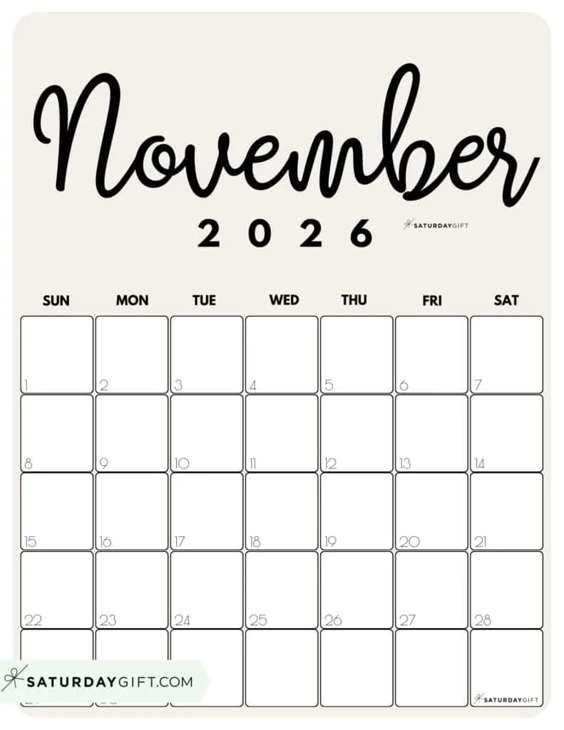 November 2026 Calendars 23 Cute Free Printable PDFs By SaturdayGift