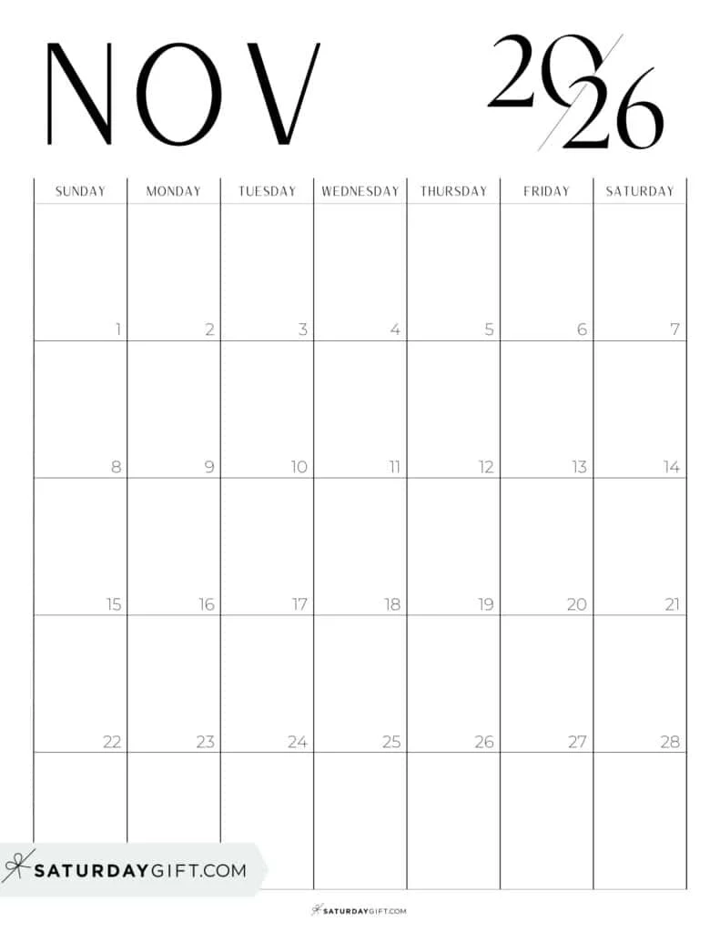 November 2026 Calendars 23 Cute Free Printable PDFs By SaturdayGift
