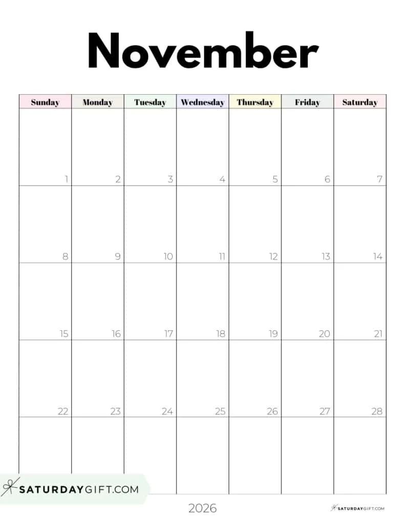 November 2026 Calendars 23 Cute Free Printable PDFs By SaturdayGift