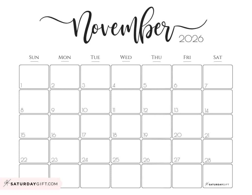 November 2026 Calendars 23 Cute Free Printable PDFs By SaturdayGift