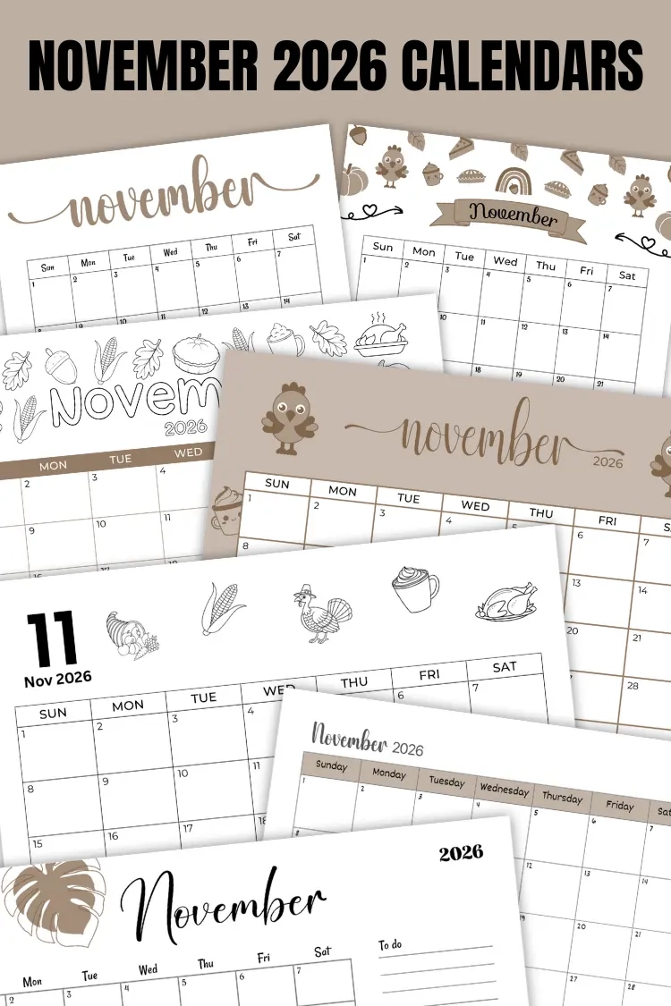 Printable Turkey Calendar Numbers November 2026