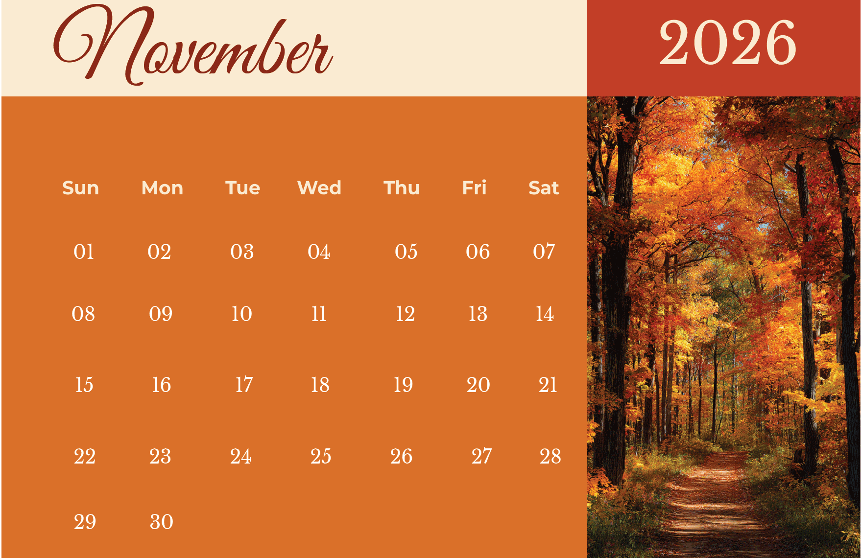 Printable Monthly Calendars Calligraphy 2026 November