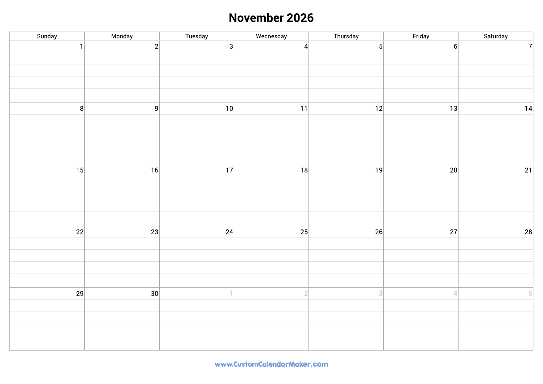 November 2026 Fillable Calendar Grid With Lines Custom Calendar 
