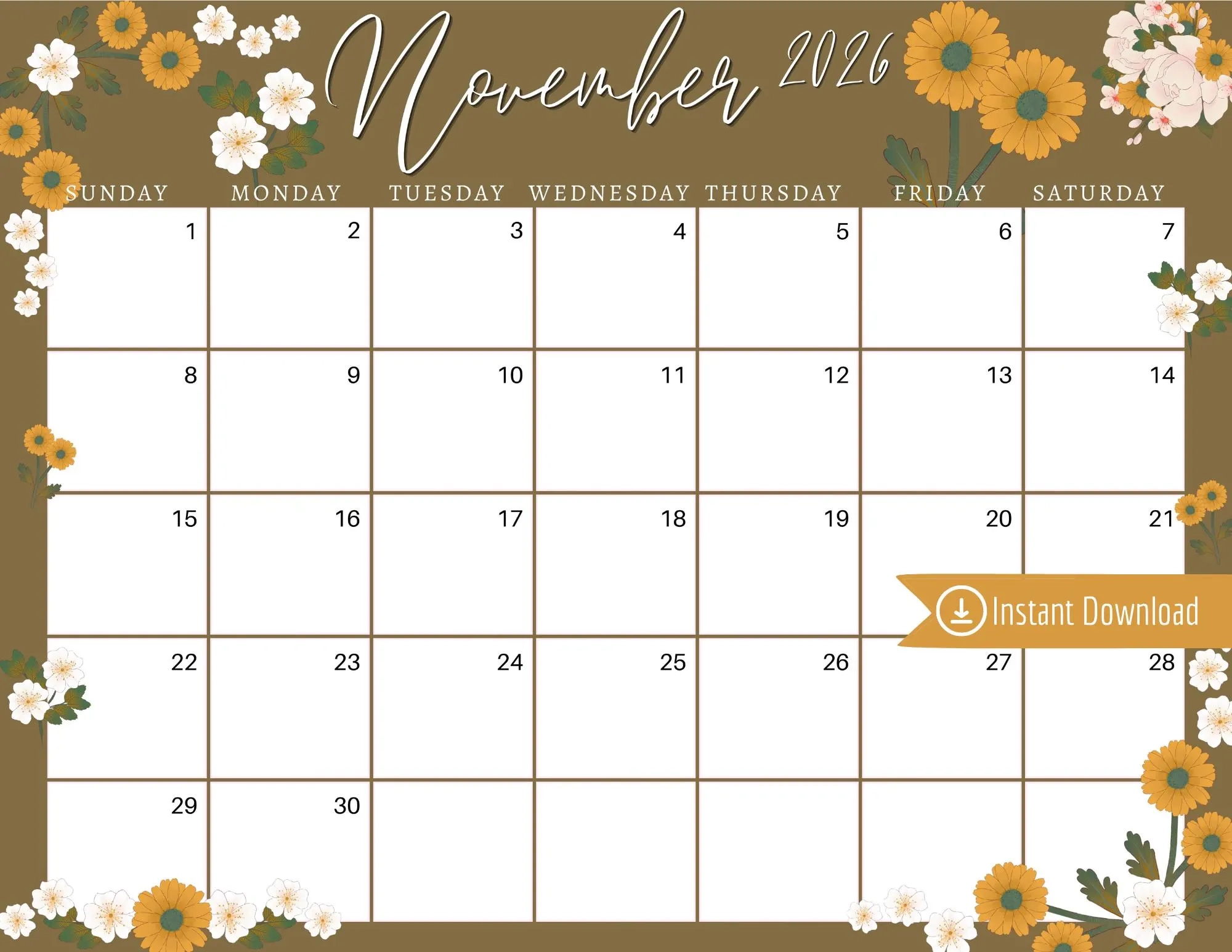 Printable Floral Calendars November 2026