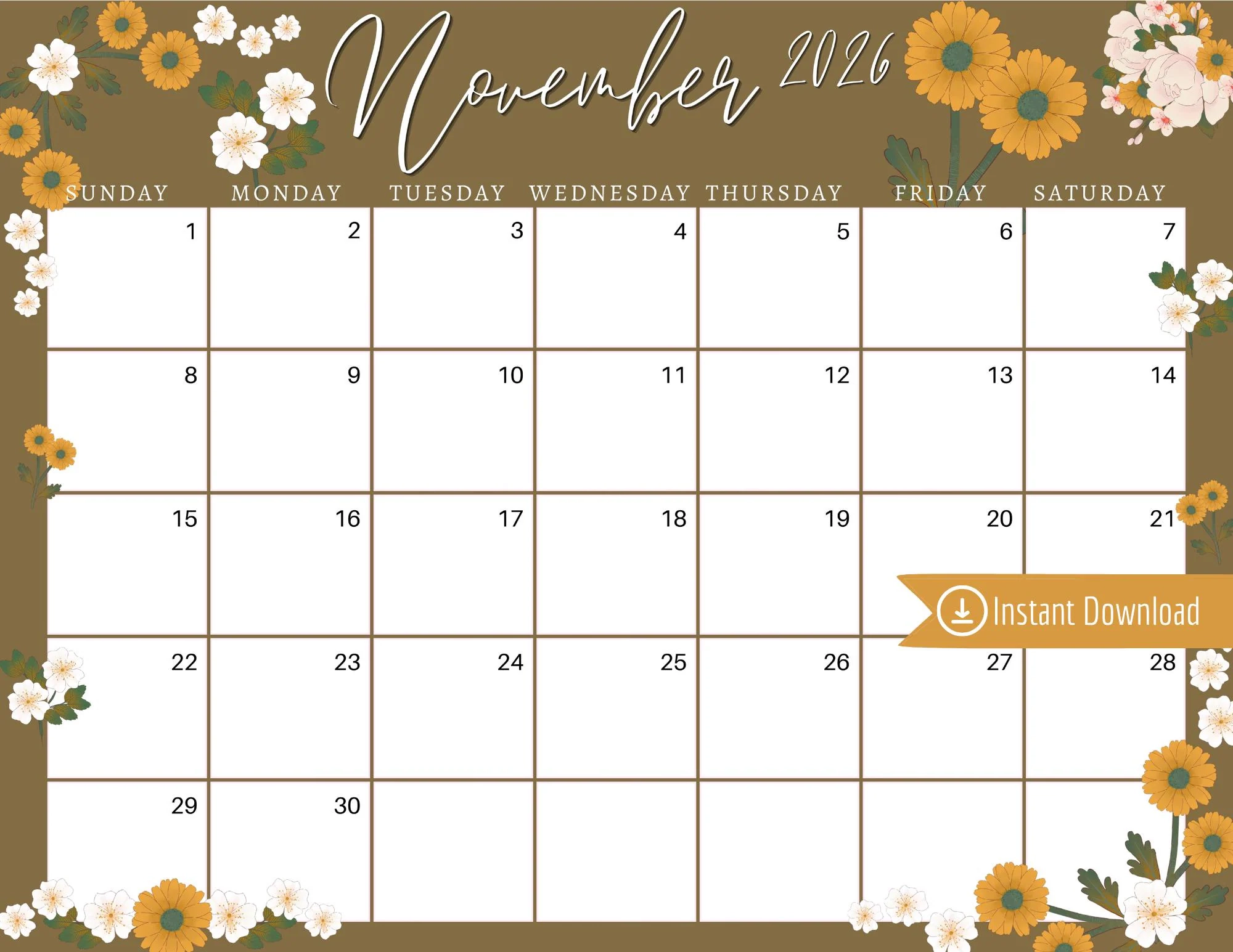 November Printable Floral Calendar 2026