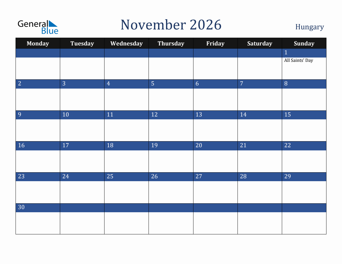 November 2026 Hungary Holiday Calendar Monday Start 