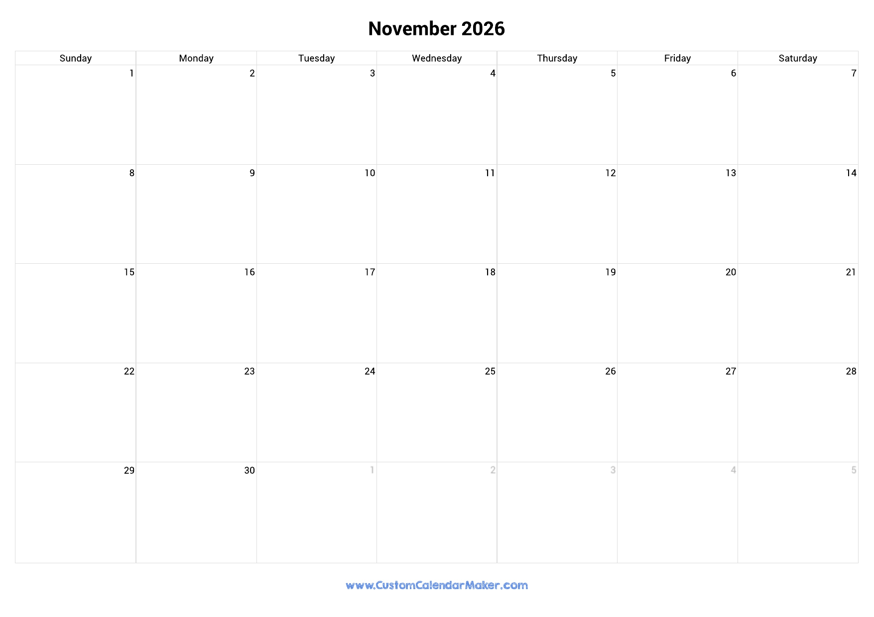 November 2026 Landscape Calendar With Large Boxes Custom 
