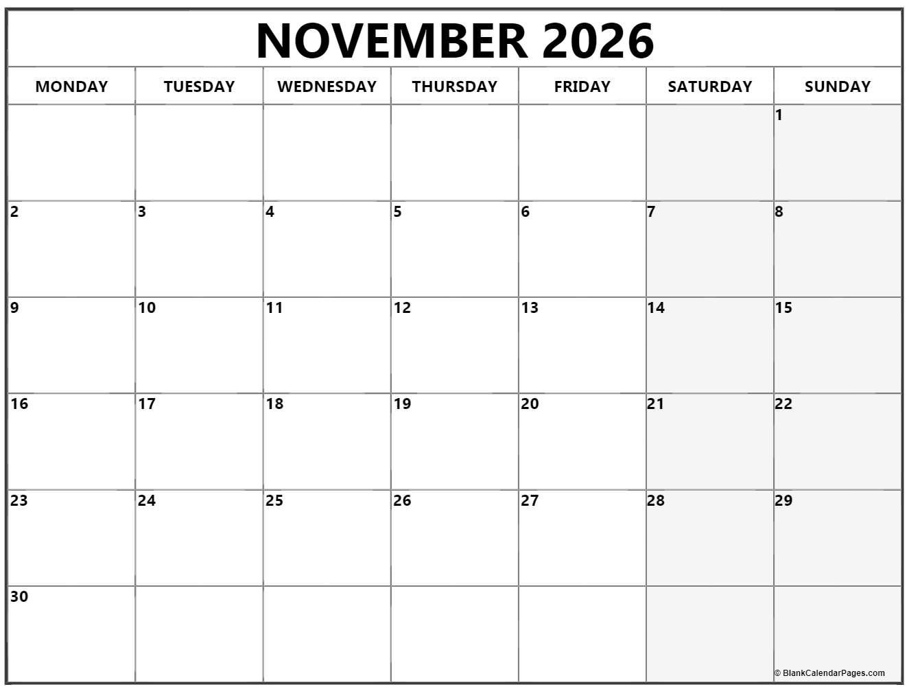 November 2026 Monday Calendar Monday To Sunday