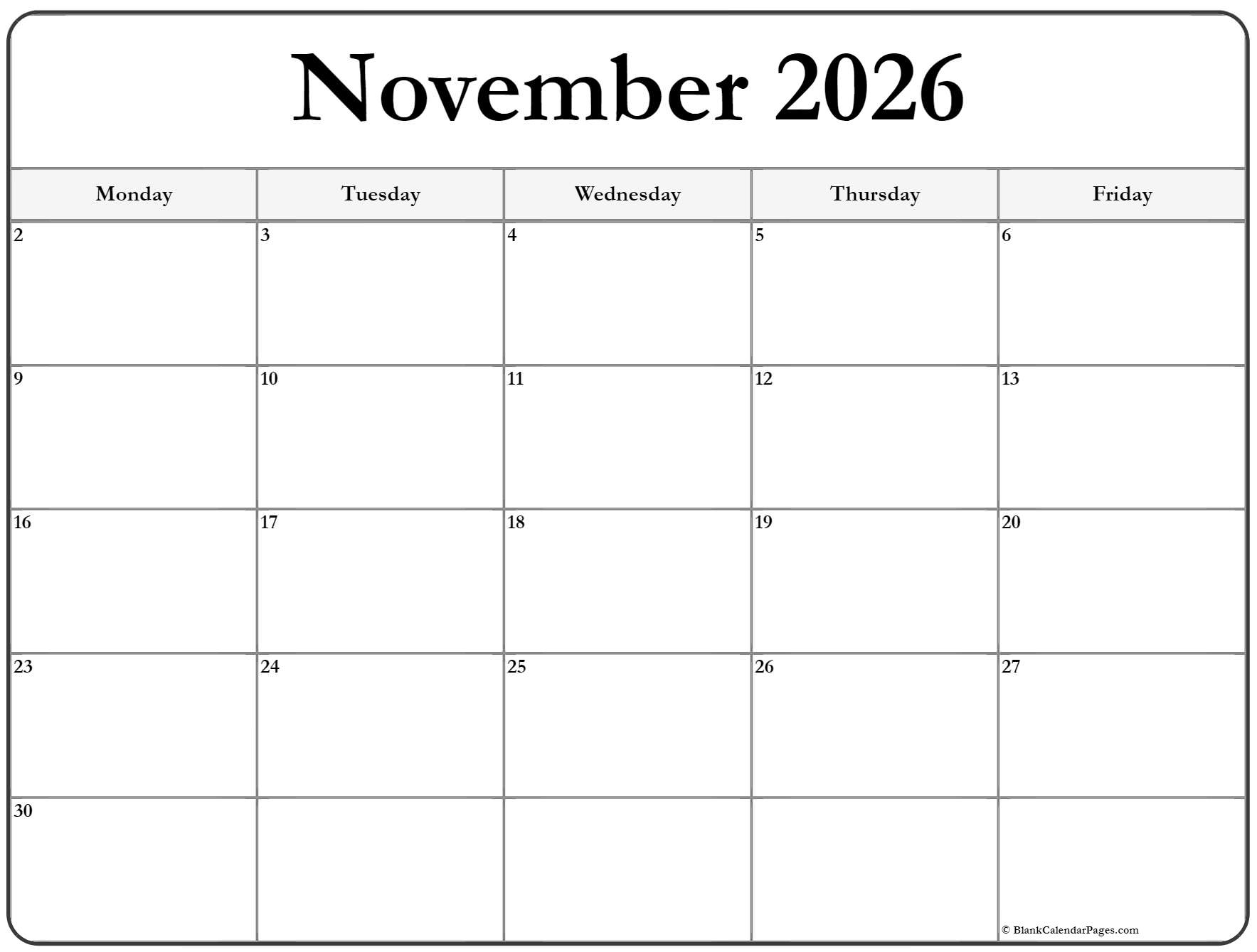 Printable November 2026 Calendar Page