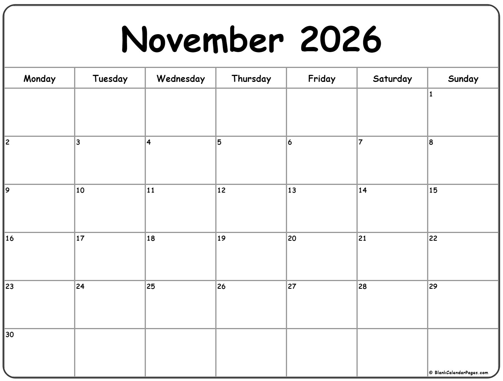 November 2026 Monday Calendar Monday To Sunday November 2026 Monday Calendar Monday To Sunday