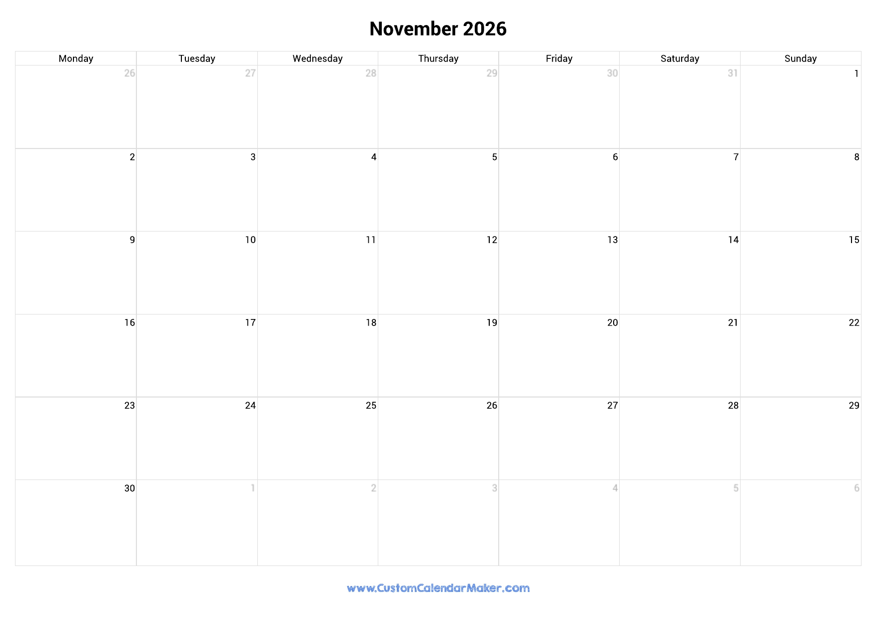 Weekly Calendar 2026 November Printable