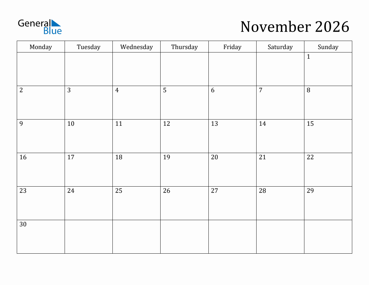 November Calendar 2026 Printable Weekdays November Calendar 2026 Printable Weekdays