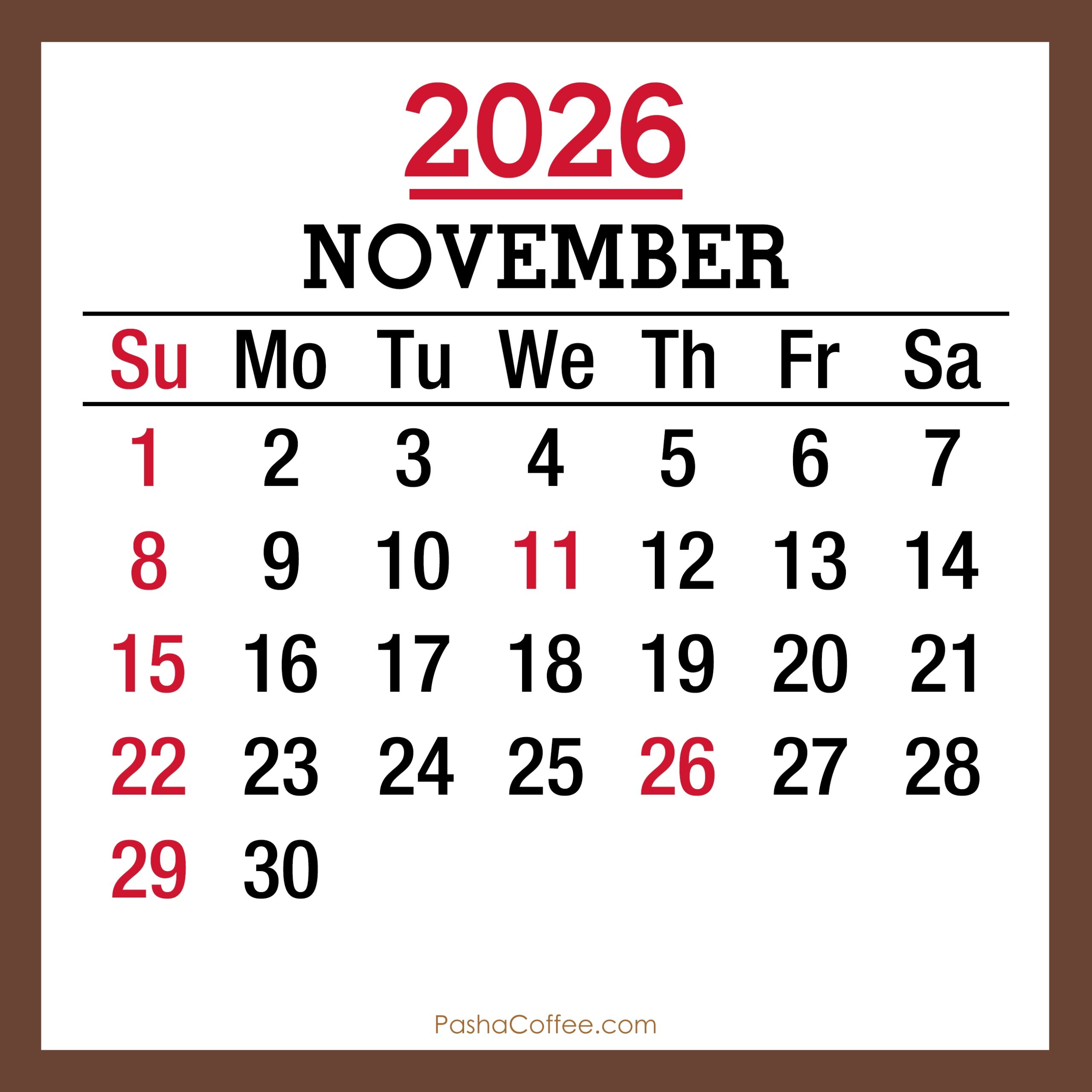 Printable Calendar With Holidays 2026 November Printable Calendar With Holidays 2026 November
