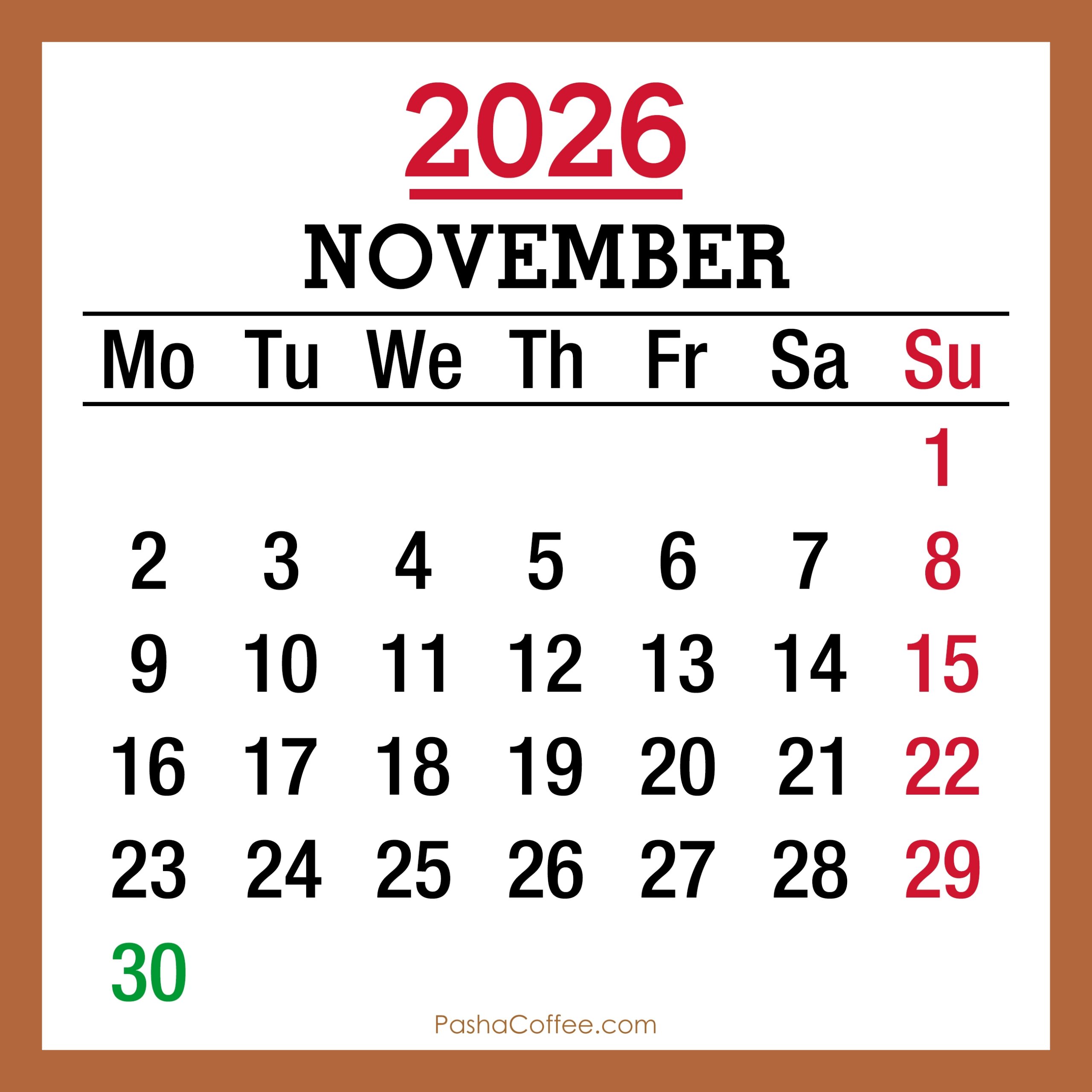 November 2026 Monthly Calendar With UK Holidays Printable Free 