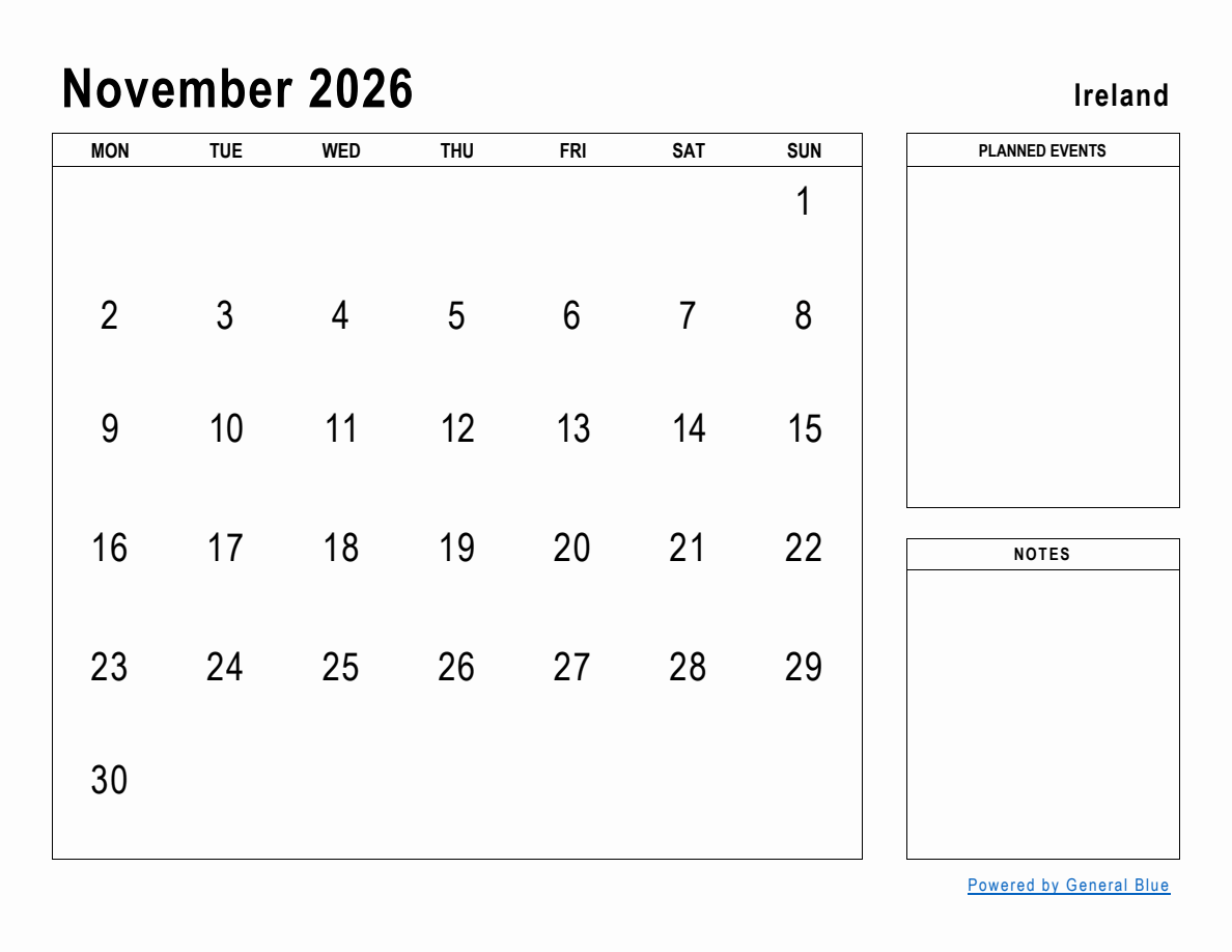 November 2026 Planner With Ireland Holidays Monday Start 
