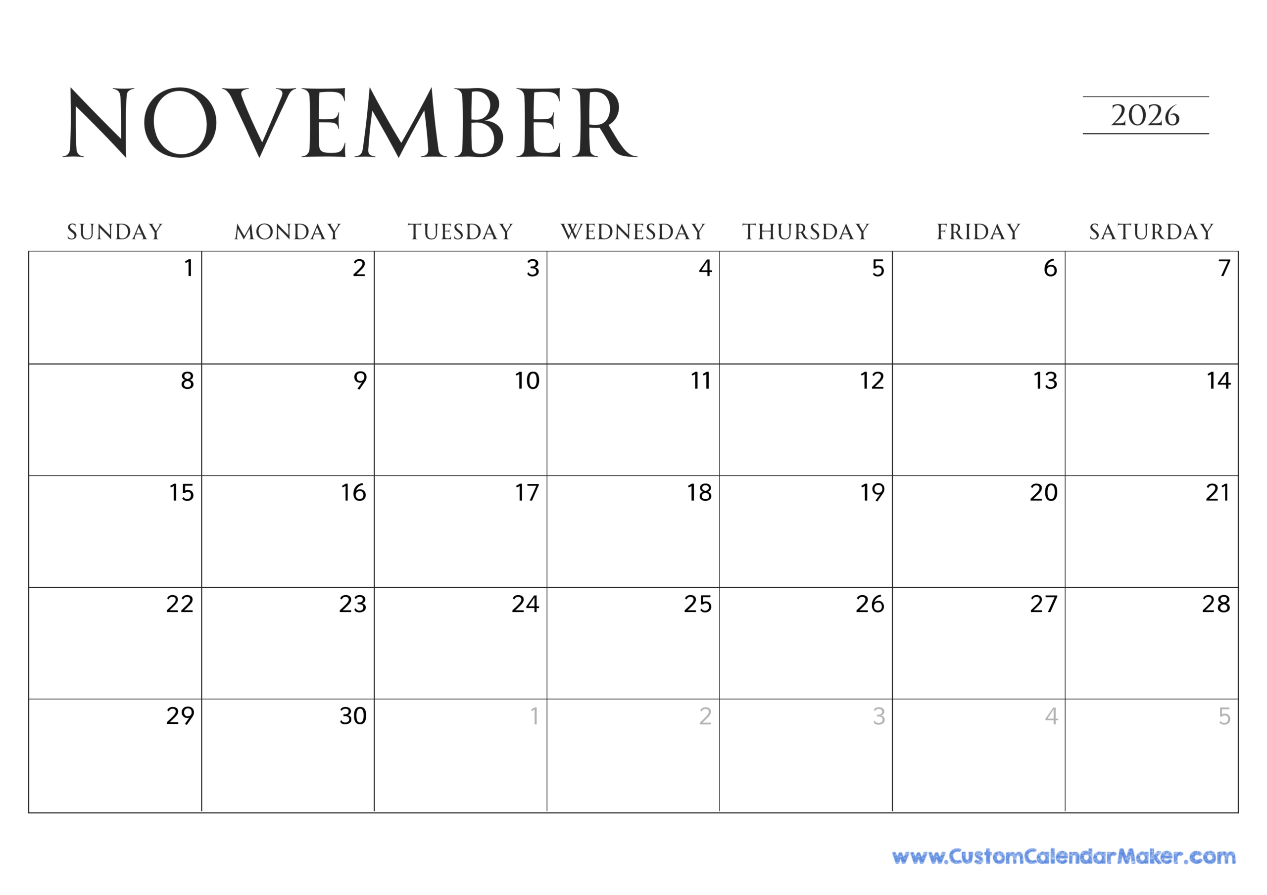 Printable Weekly Calendar Begining November 2026