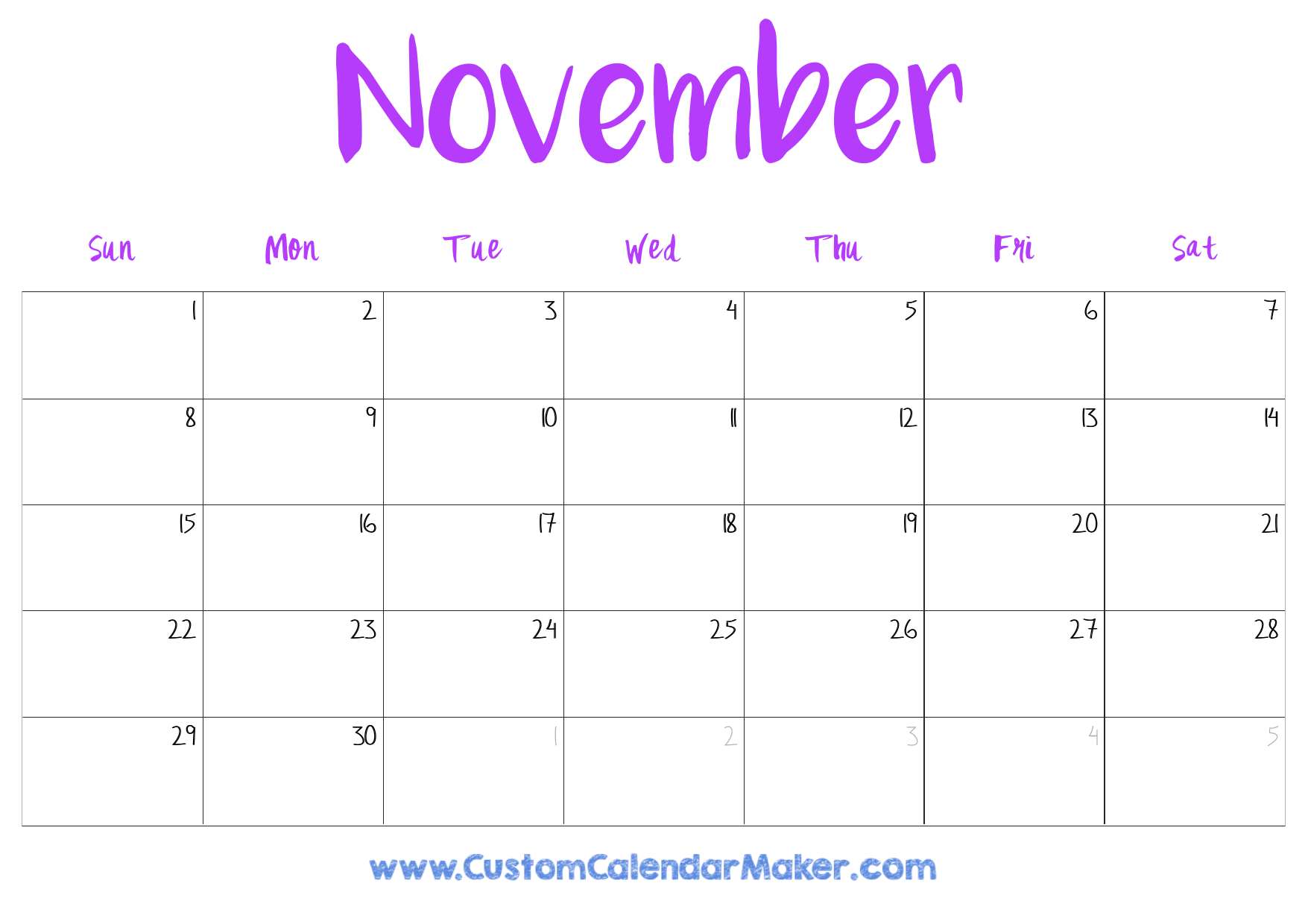 Printable Box Calendar For November Printable Box Calendar For November