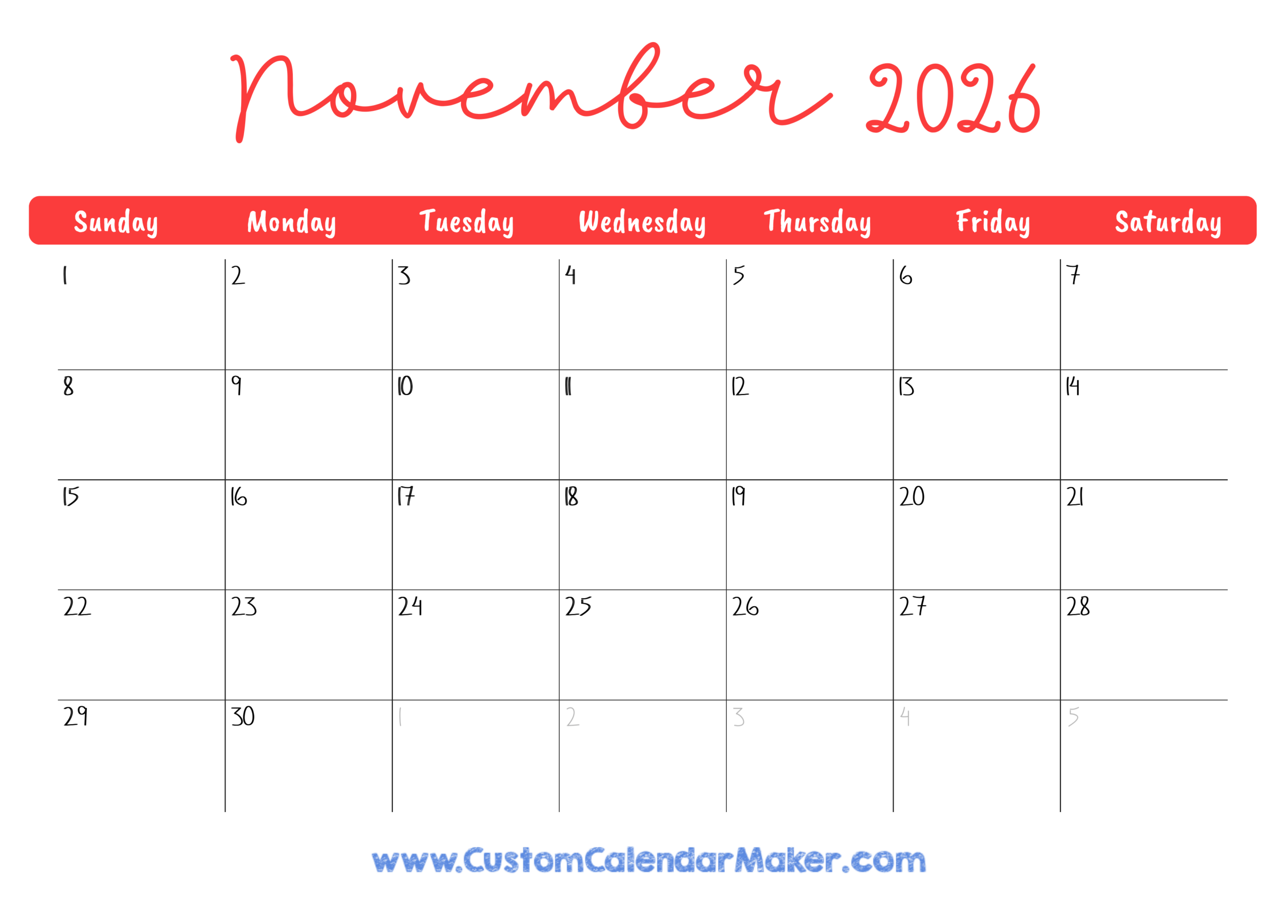 November 2026 Printable Calendar 23 Free Templates PDF 