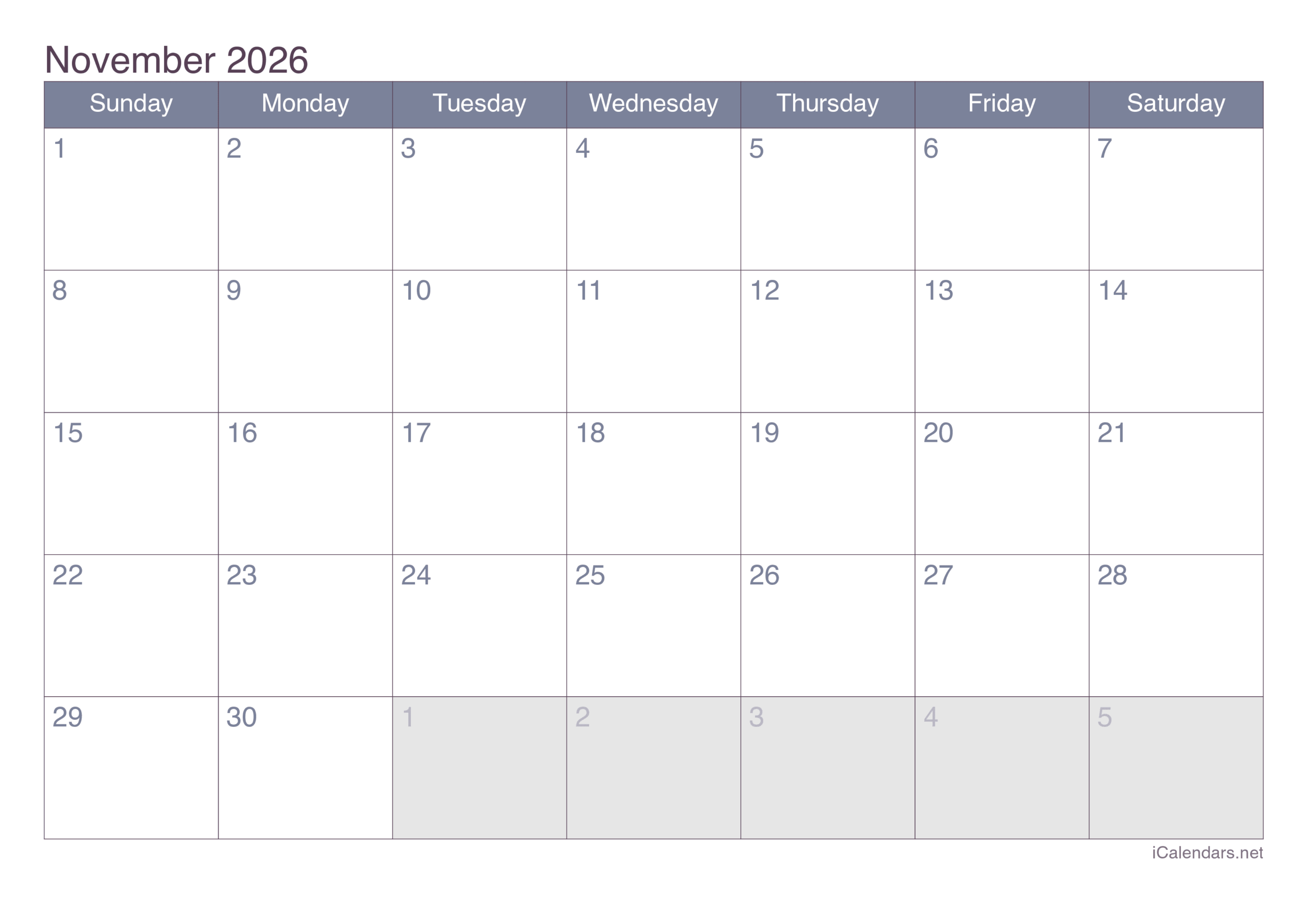 November 2026 Printable Calendar