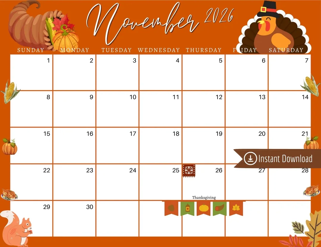 November 2026 Thanksgiving Planner Editable Printable Calendar PDF PNG JPG Etsy Hong Kong