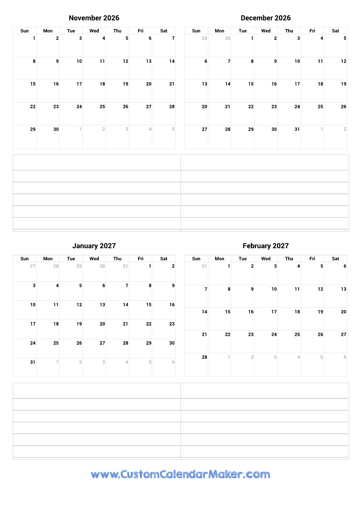 November 2026 To February 2027 Printable Calendar Custom 