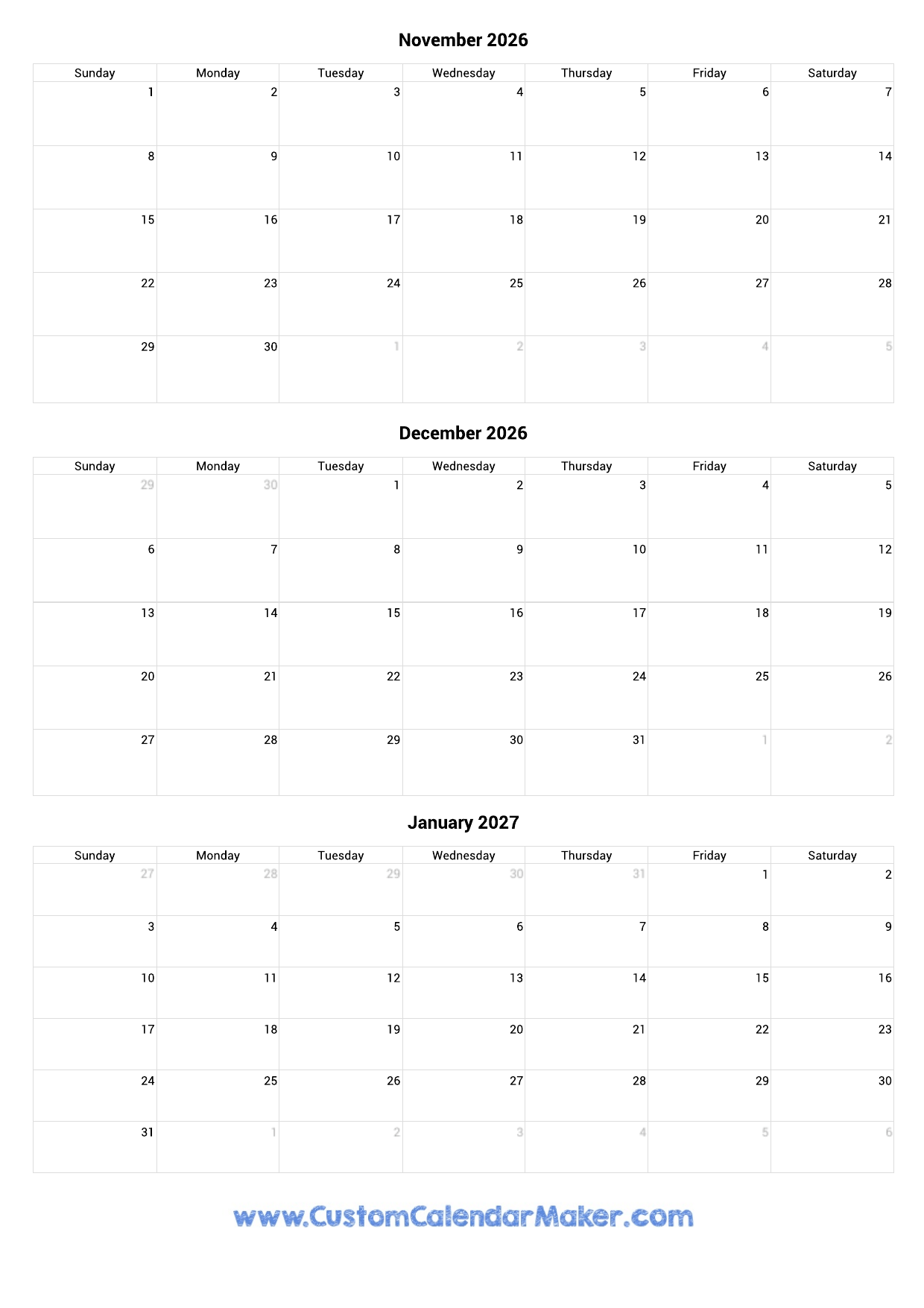 November 2026 To January 2027 Calendar Printable Custom Calendar 