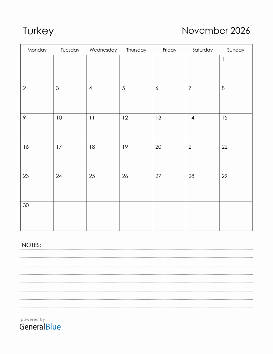 November 2026 Turkey Calendar With Holidays Monday Start 