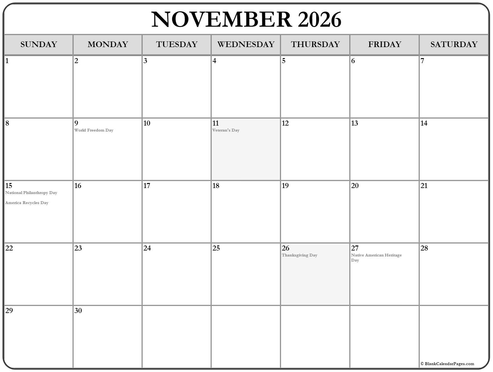 November 2026 With Holidays Calendar
