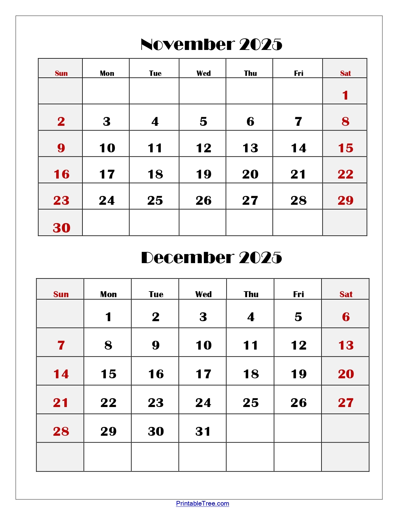 November December Printable Calendar