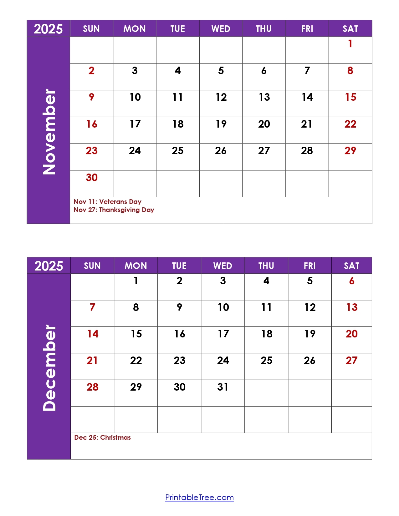 November December 2 Month Calendar Printable
