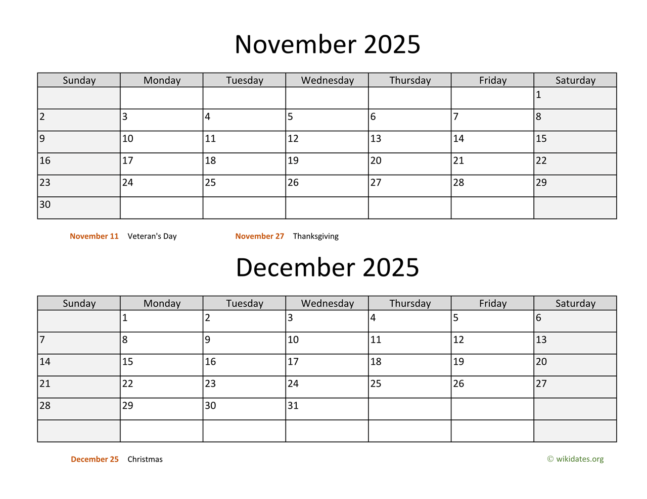 November And Dec Printable Calendar