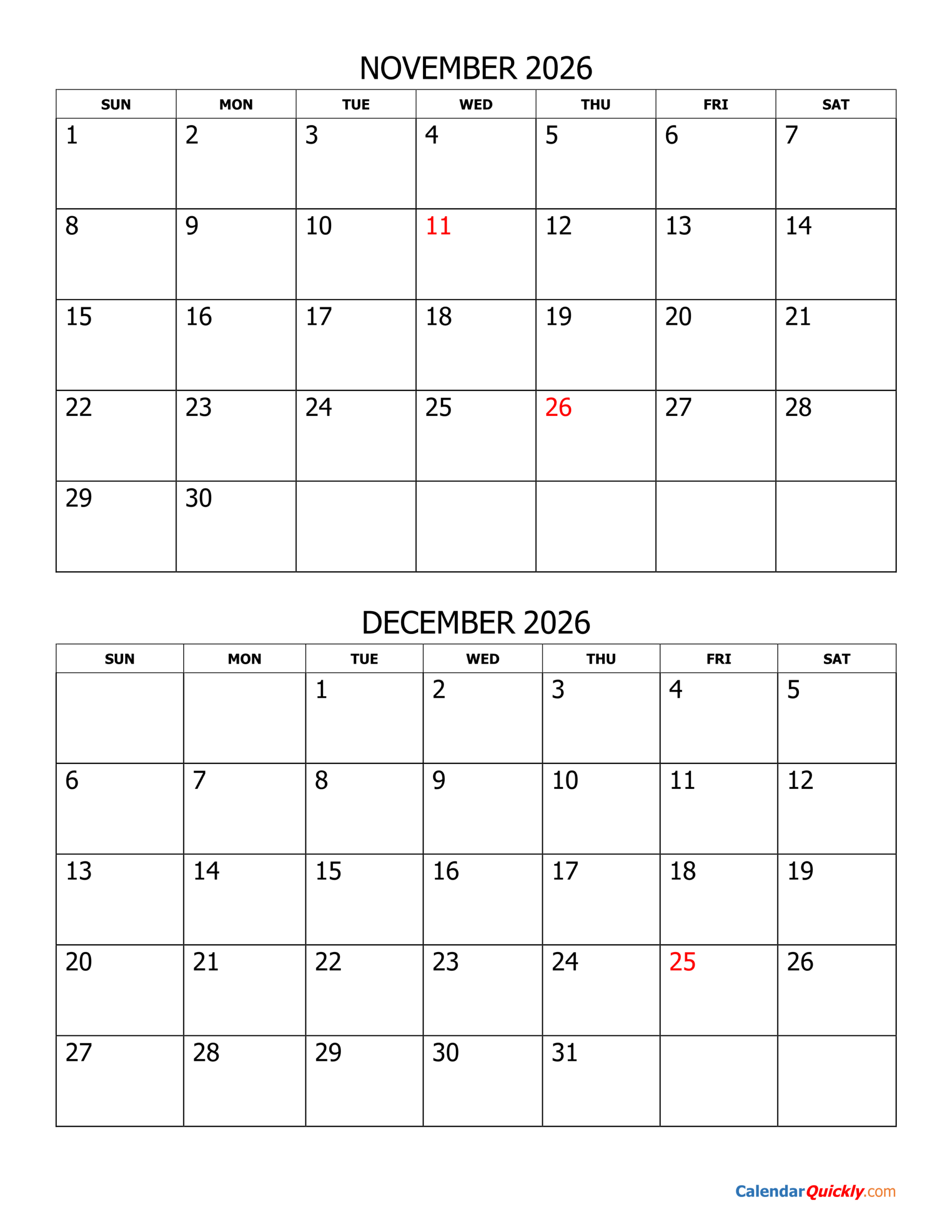 Printable Calendar Months November 2026 Printable Calendar Months November 2026