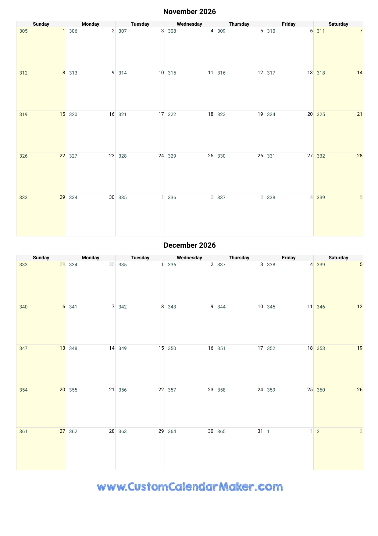 November And December 2026 Calendar Custom Calendar Maker