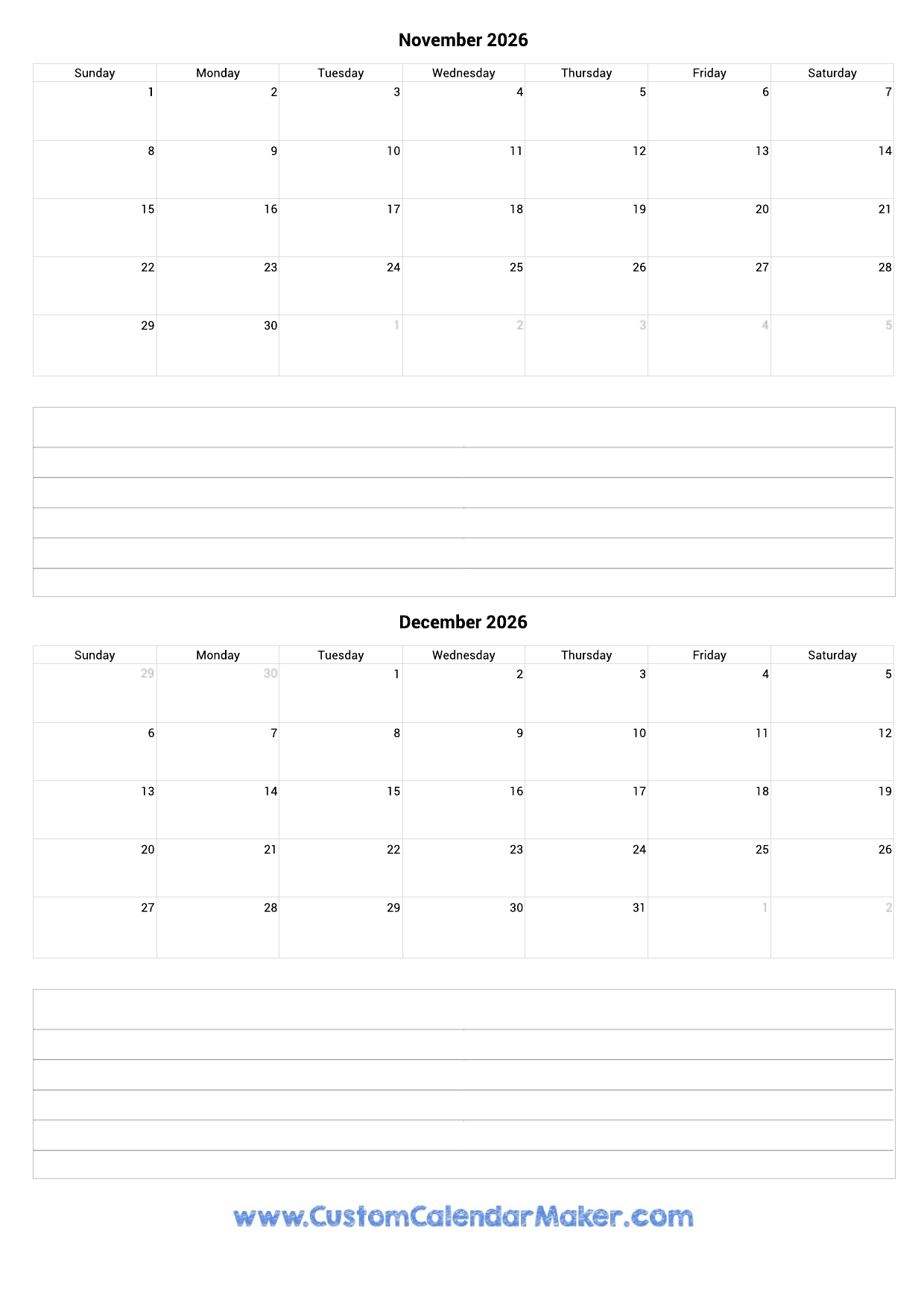 November And December 2026 Calendar Custom Calendar Maker