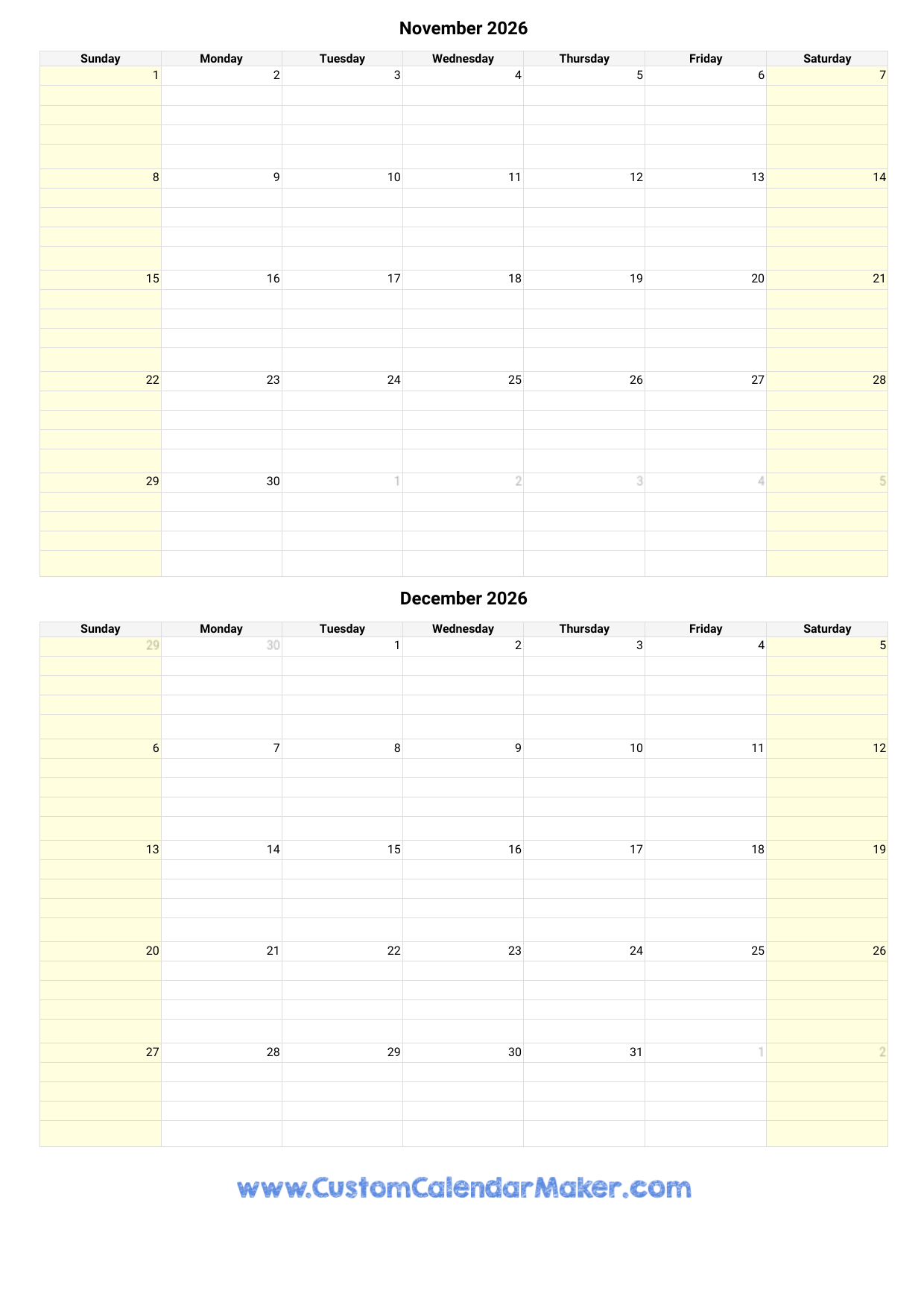 Calendar November December 2026 Printable