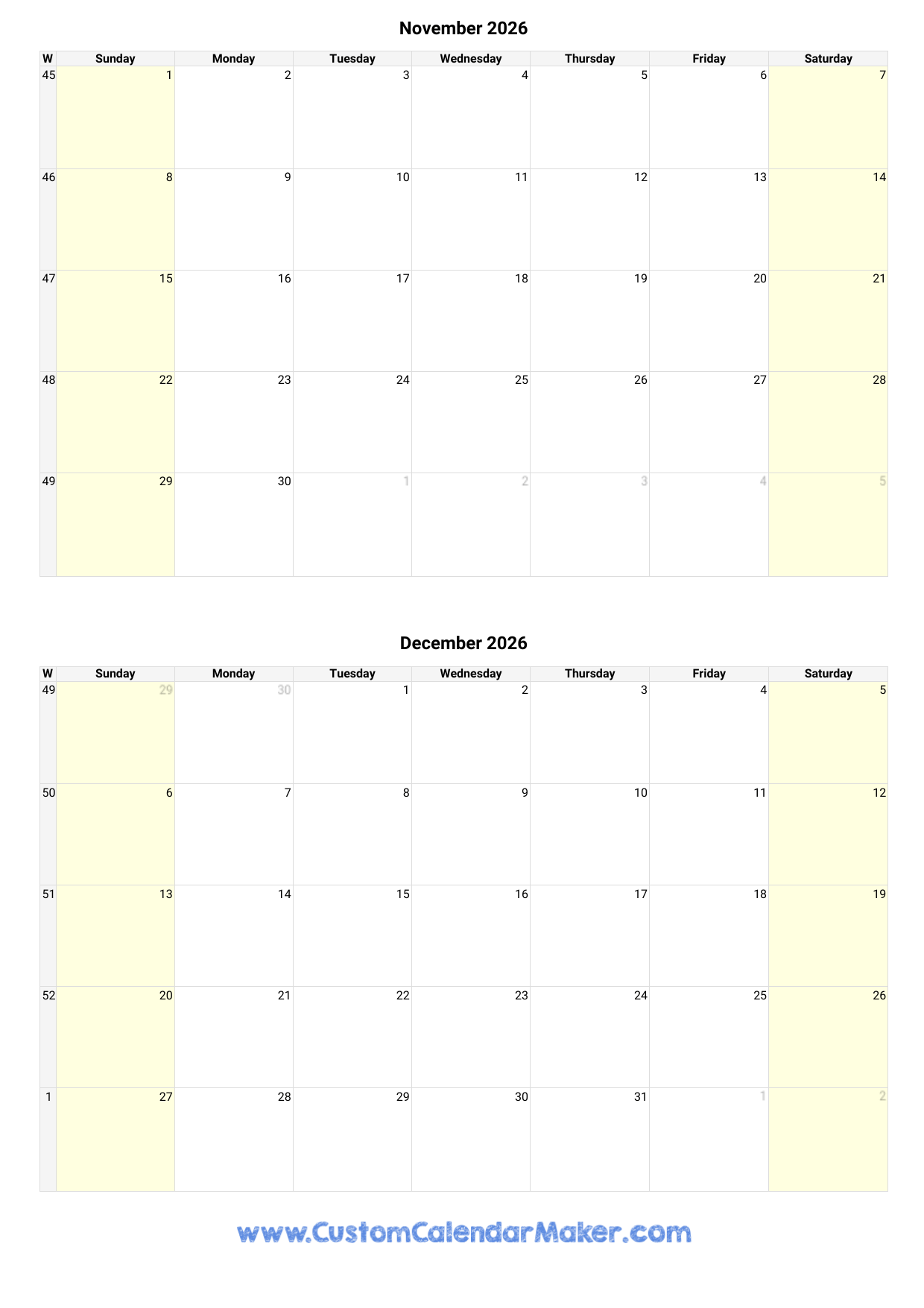 November And December 2026 Calendar Custom Calendar Maker